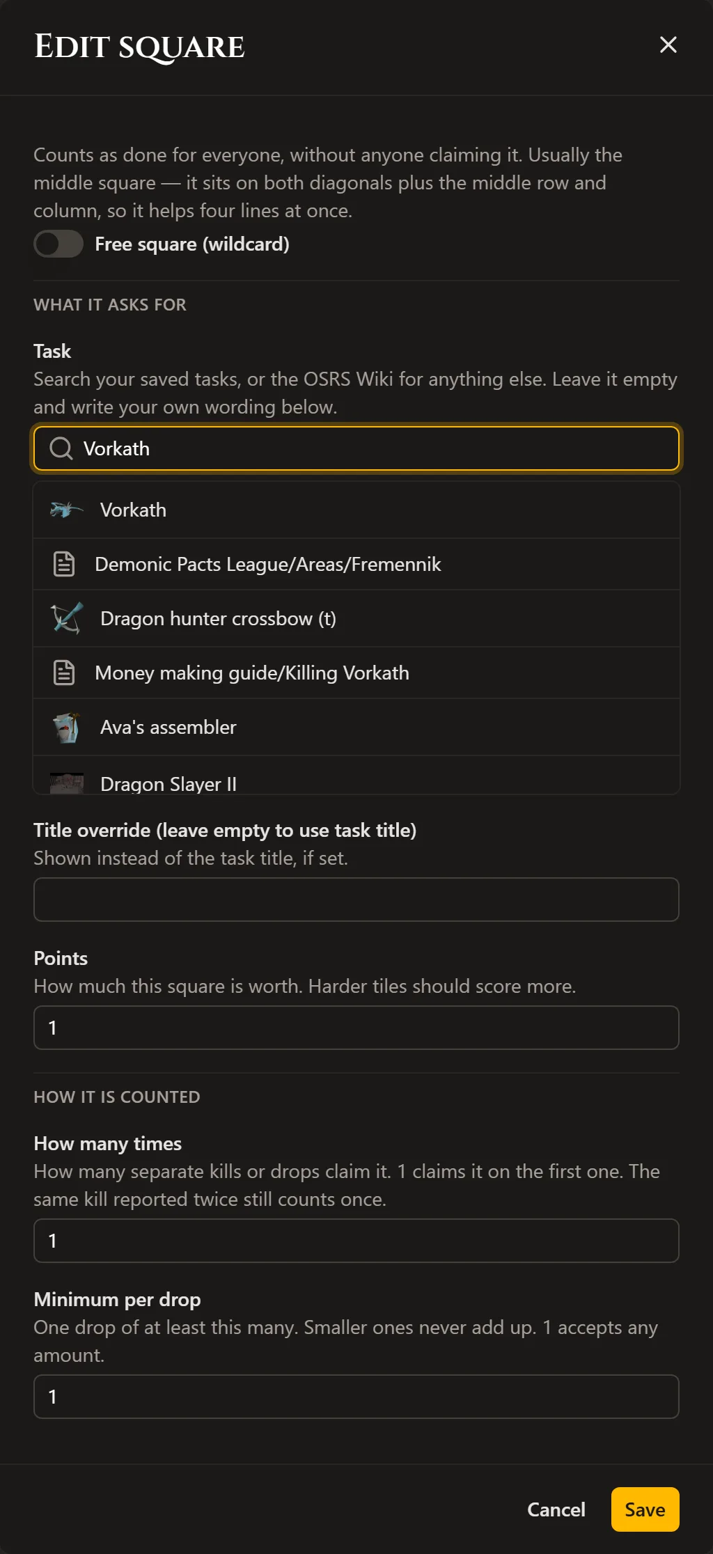 The square editor for one bingo square: the free-square toggle, a task box searching the OSRS Wiki for "Vorkath" with its results listed underneath, and the fields for points, how many times it has to be done and the minimum size of a drop.